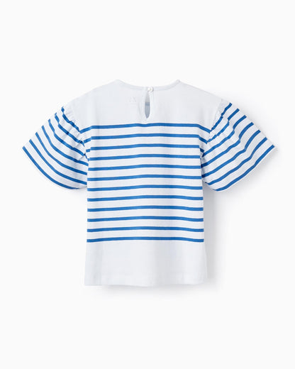 Striped T-Shirt in Cotton for Girls, White/Blue