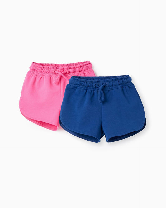 2 Cotton Shorts for Baby Girls, Pink/Dark Blue