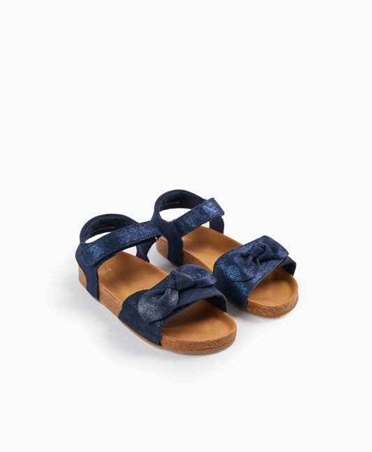 Leather Sandals with Glitter and Bows for Girls, Dark Blue