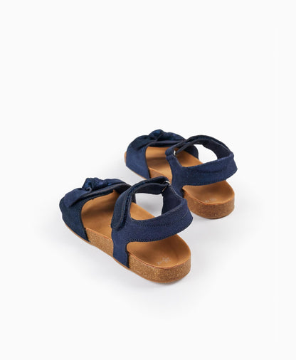 Leather Sandals with Glitter and Bows for Girls, Dark Blue