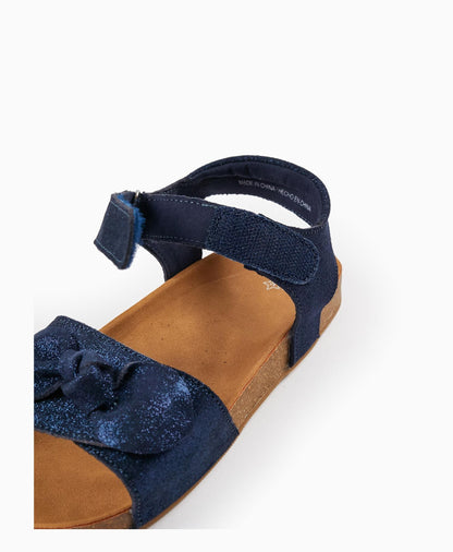 Leather Sandals with Glitter and Bows for Girls, Dark Blue