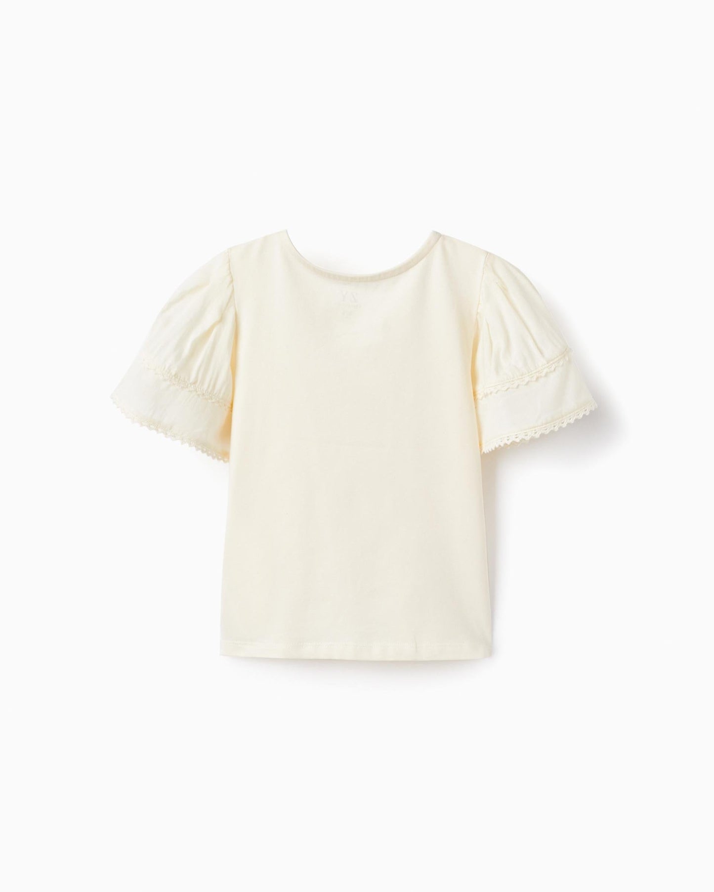 Cotton T-shirt with Ruffles and Lace for Girls, Beige