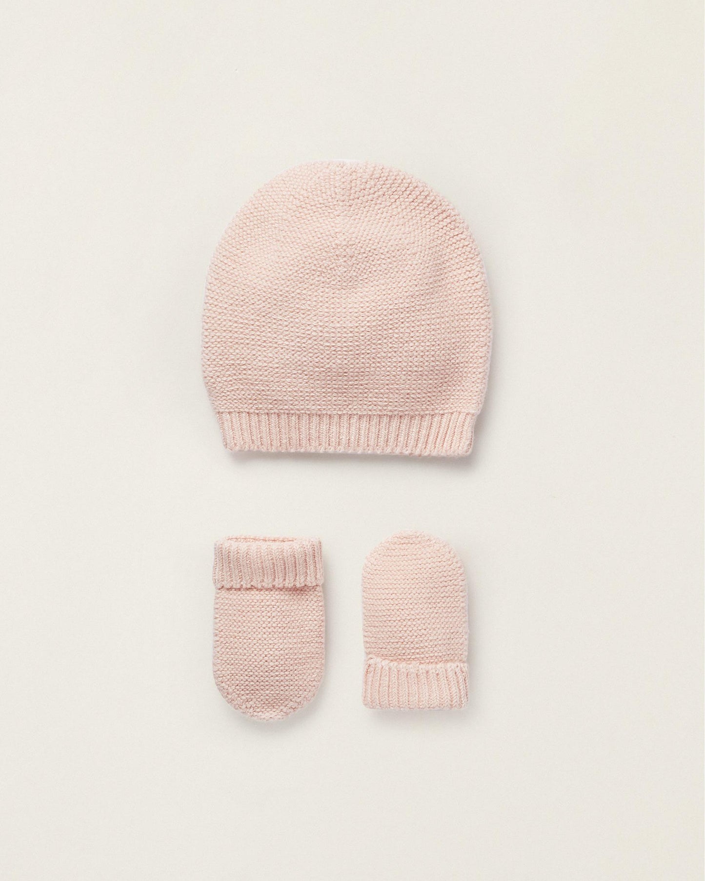 Beanie + Knitted Gloves for Newborn Girls, Pink