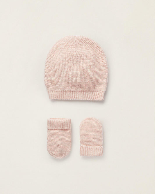 Beanie + Knitted Gloves for Newborn Girls, Pink