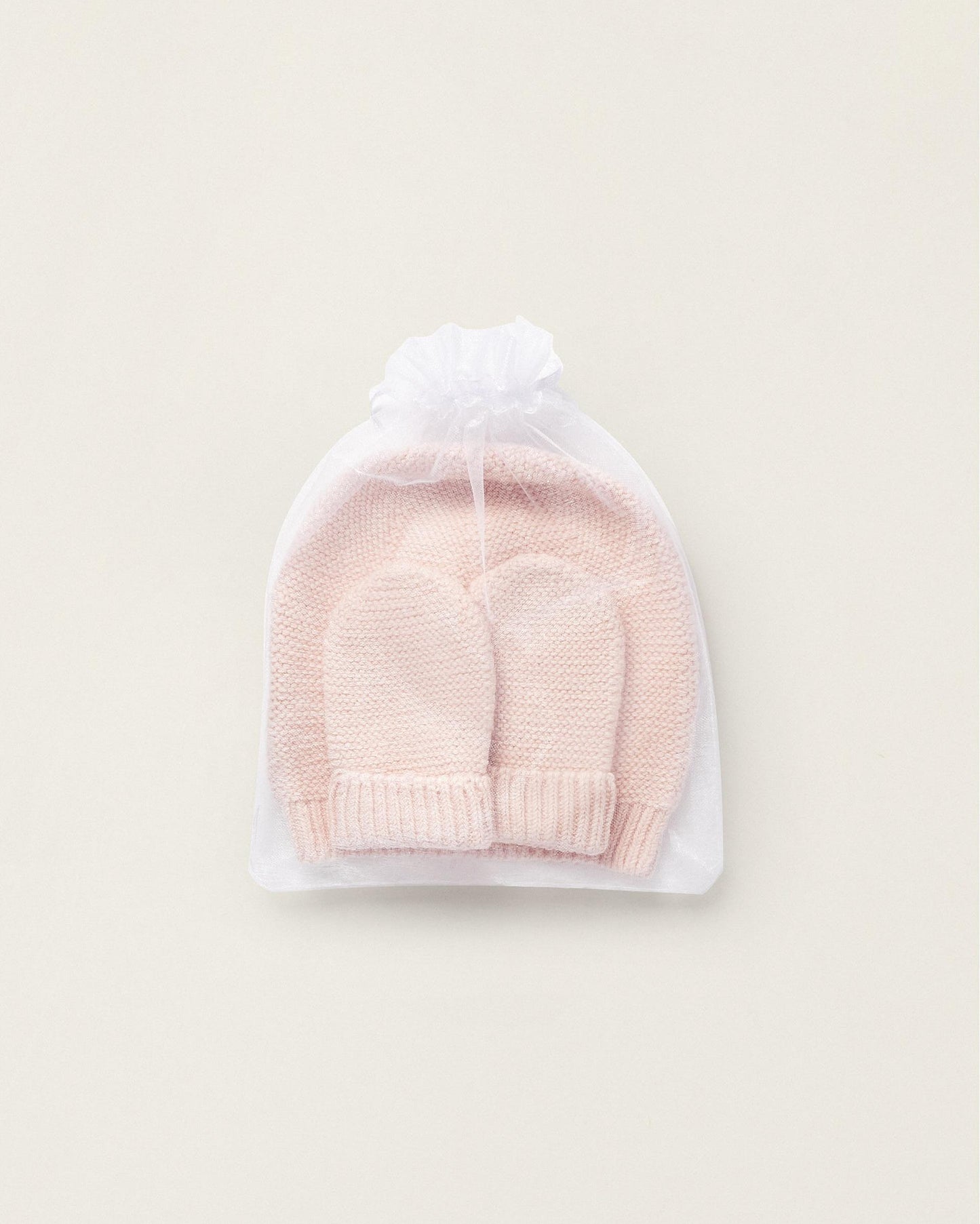 Beanie + Knitted Gloves for Newborn Girls, Pink