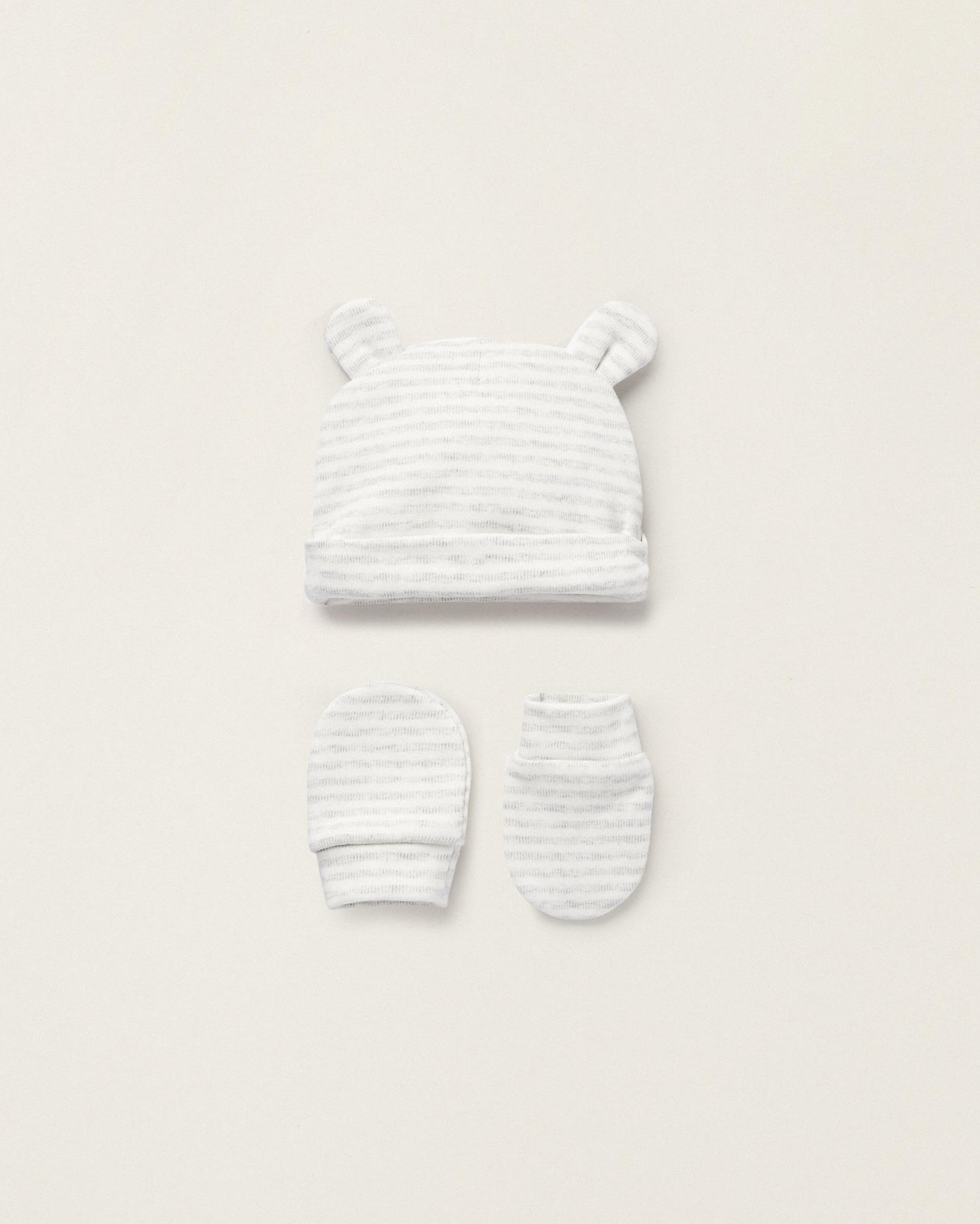 Beanie with Ears + Cotton Gloves for Newborns, White/Grey