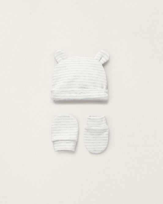 Beanie with Ears + Cotton Gloves for Newborns, White/Grey