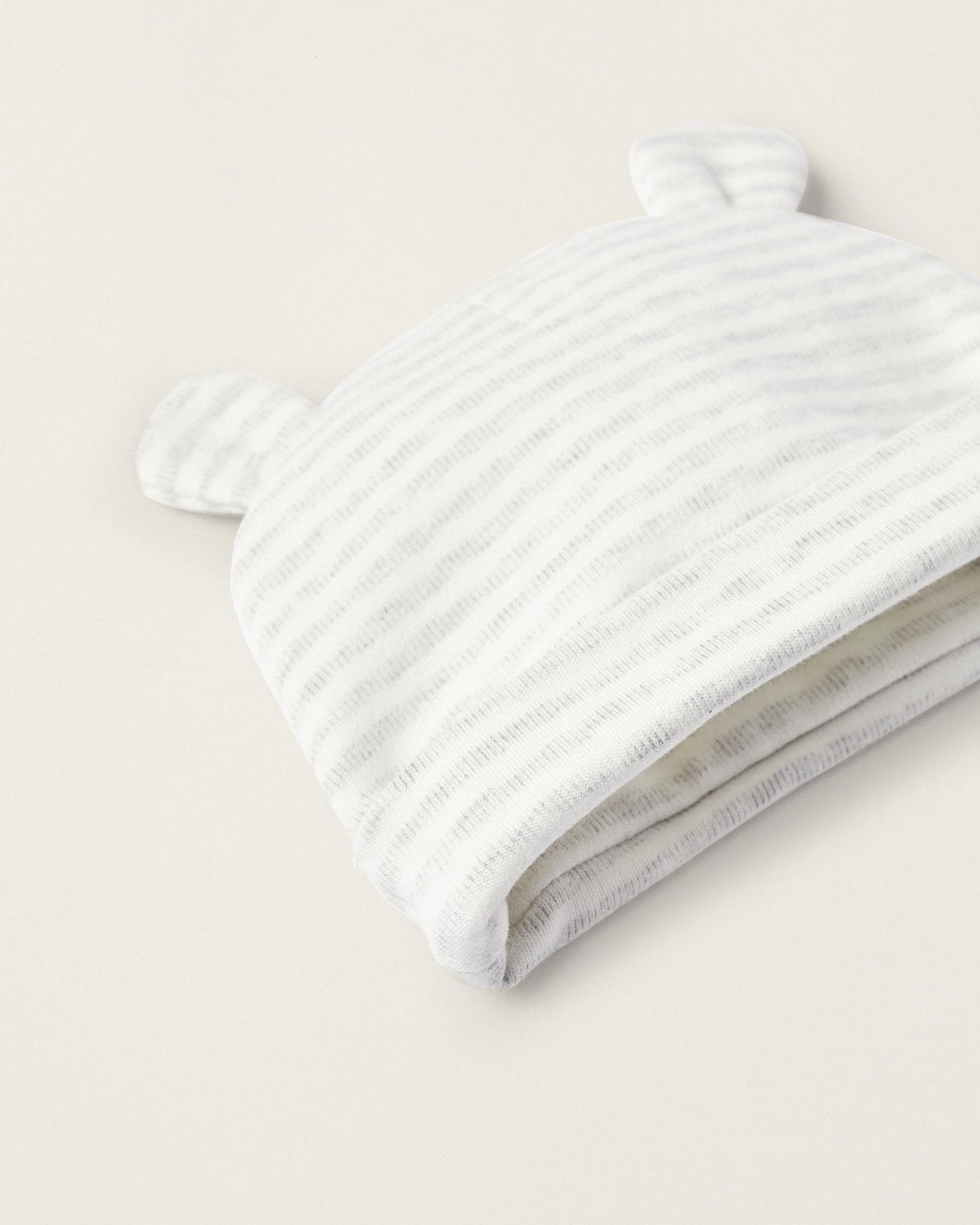 Beanie with Ears + Cotton Gloves for Newborns, White/Grey