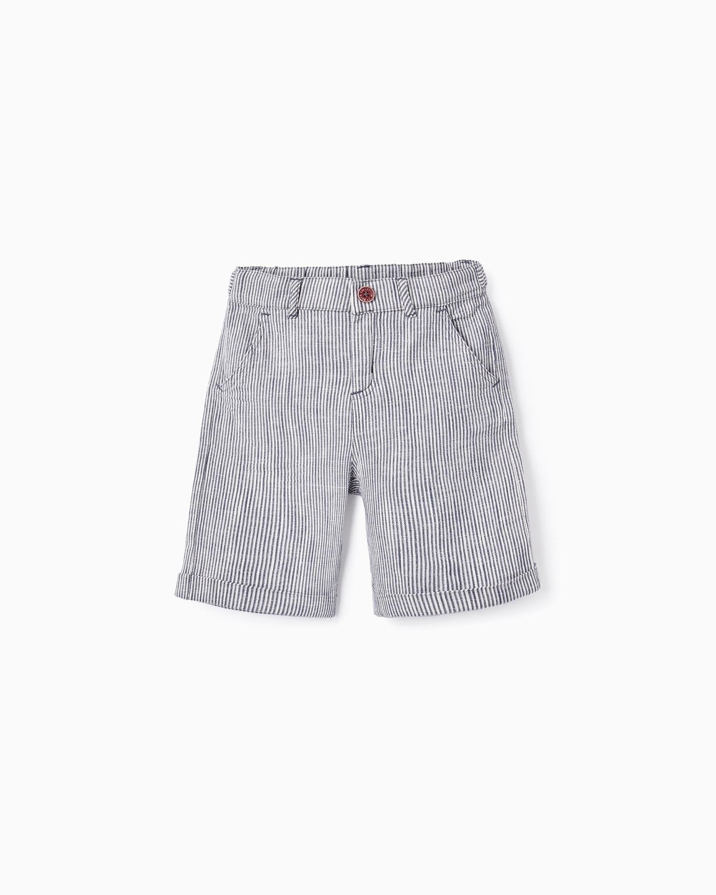 Striped Linen Shorts for Boys, White/Navy Blue