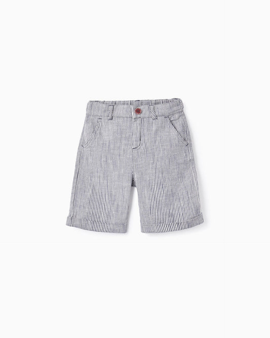 Striped Linen Shorts for Boys, White/Navy Blue