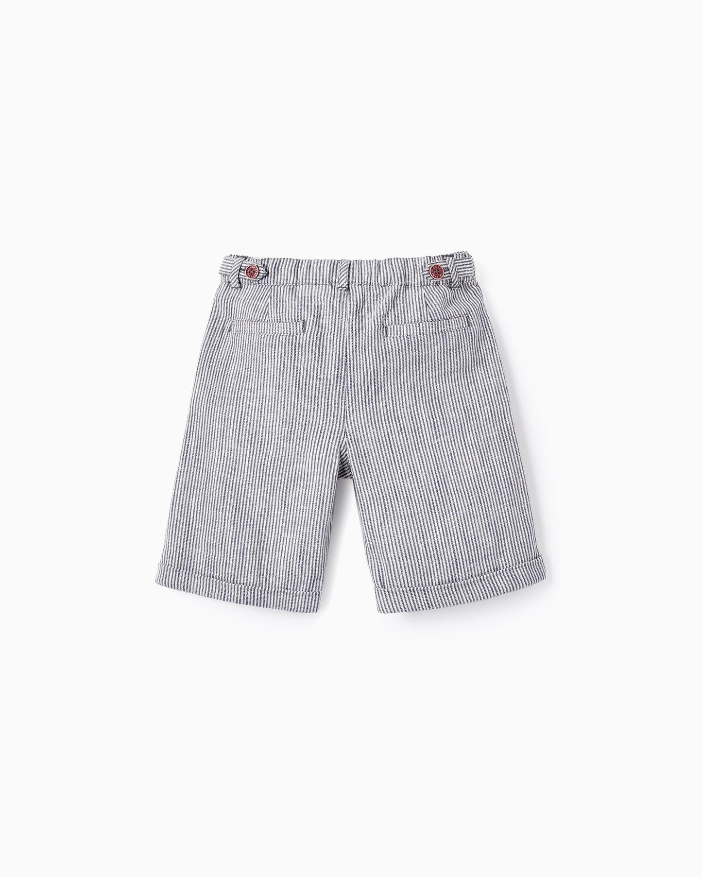 Striped Linen Shorts for Boys, White/Navy Blue