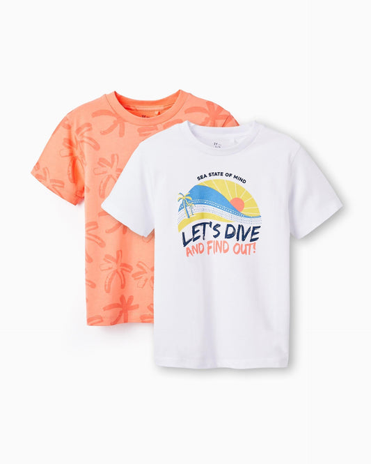 2 Cotton T-shirts for Boys 'Sunset', White/Coral