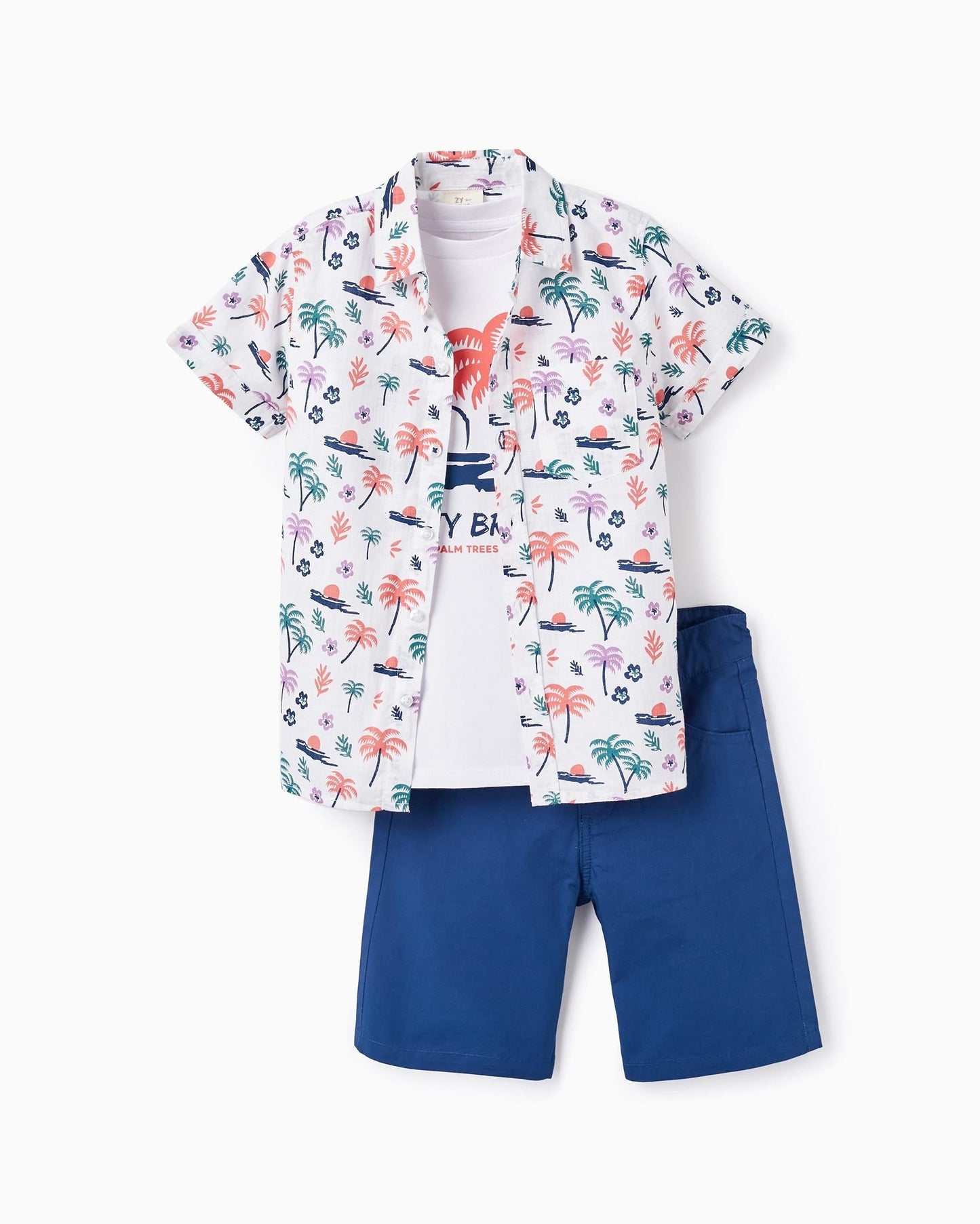 Shirt + T-shirt + Shorts for Boys 'Palm Trees', White/Blue