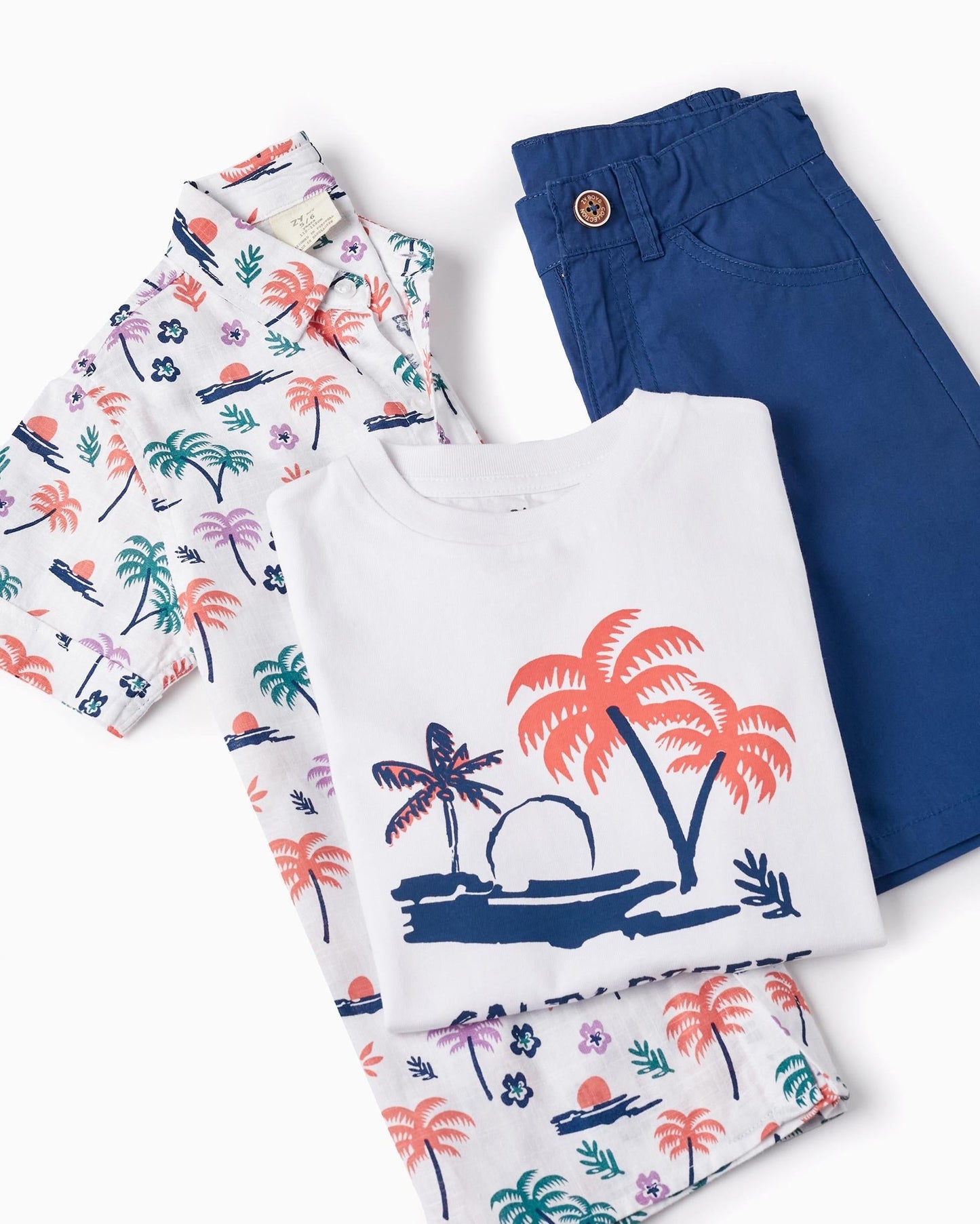 Shirt + T-shirt + Shorts for Boys 'Palm Trees', White/Blue