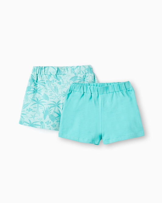 2 Cotton Jersey Shorts for Baby Girls, Aqua Green