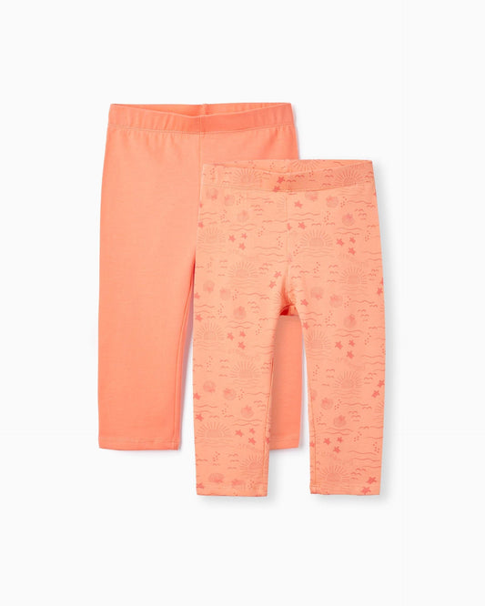 2 Short Leggings in Cotton for Girls, Coral