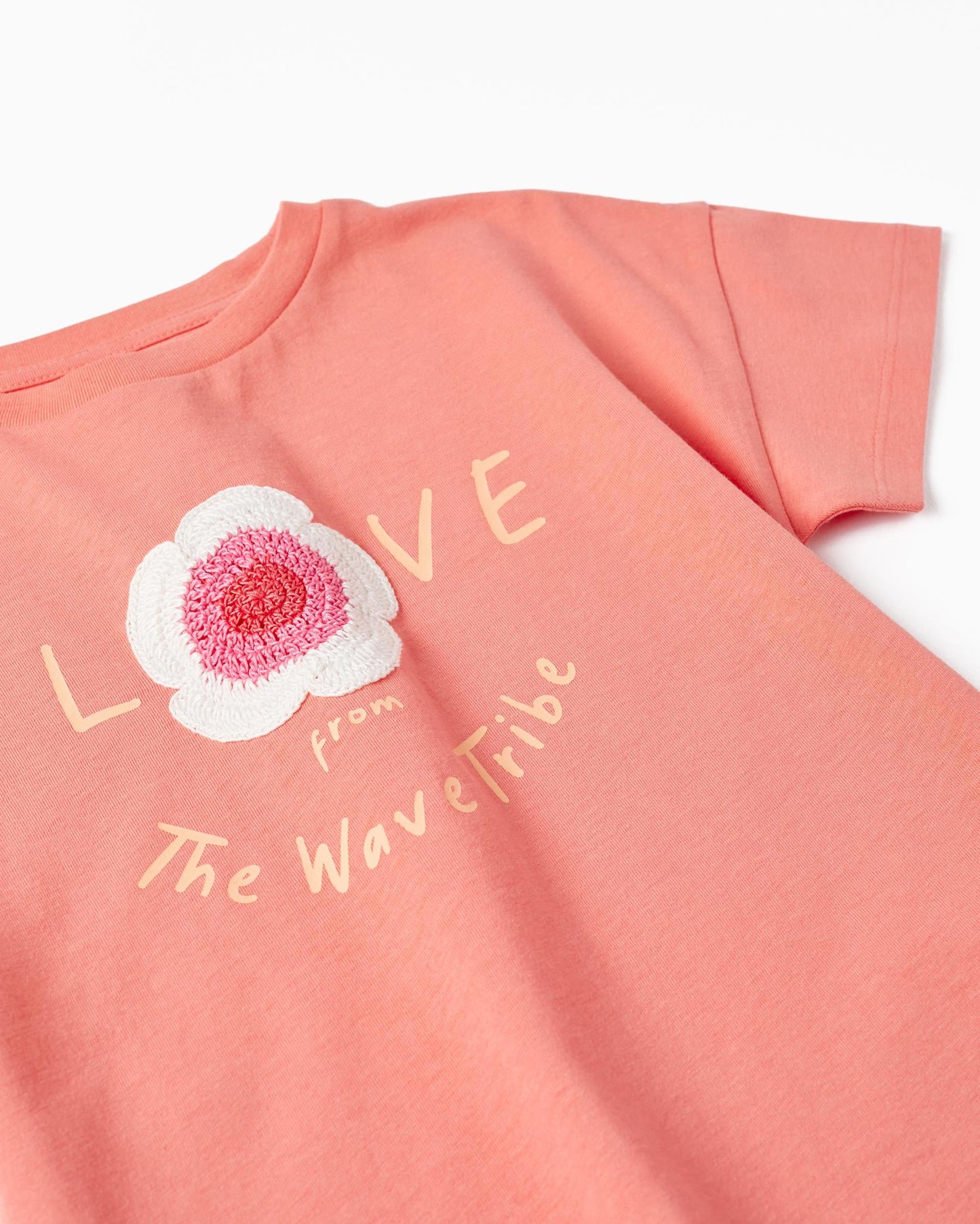 Short Sleeve T-Shirt with Embroidered Flower for Girls 'Love', Coral