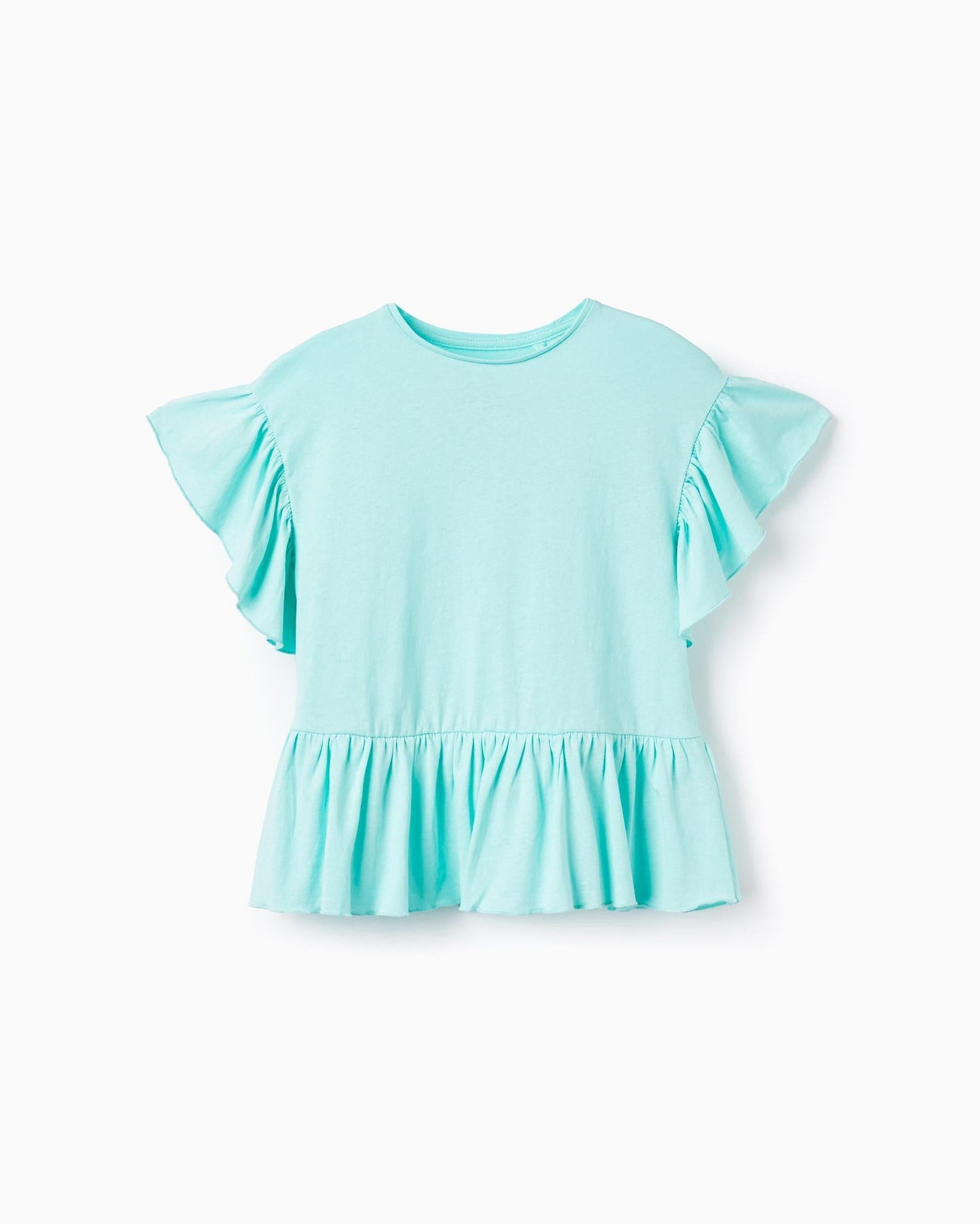 Cotton T-shirt with Ruffles for Girls, Aqua Green