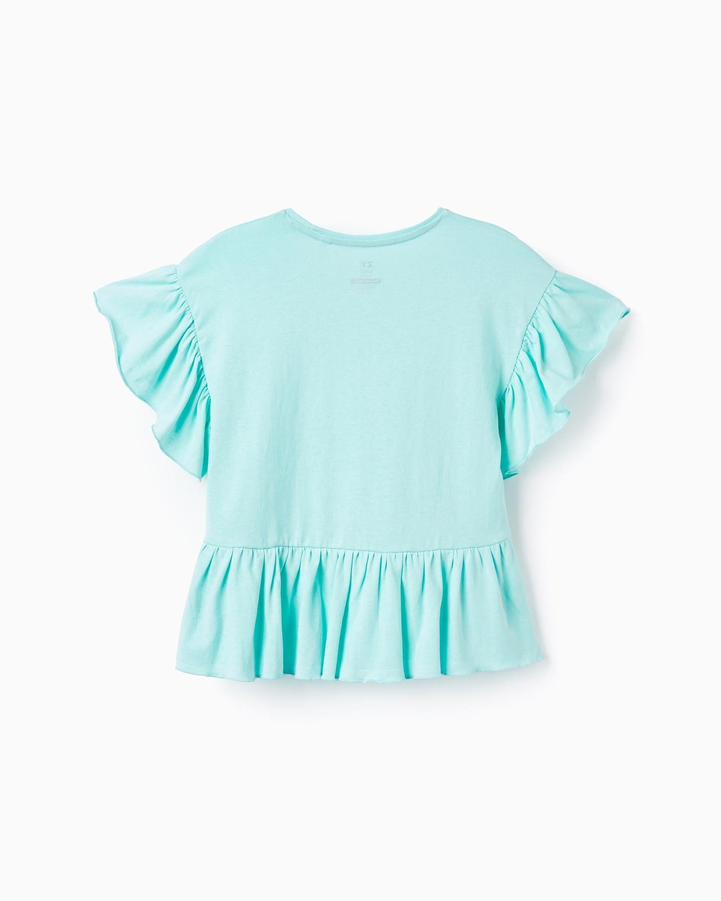 Cotton T-shirt with Ruffles for Girls, Aqua Green