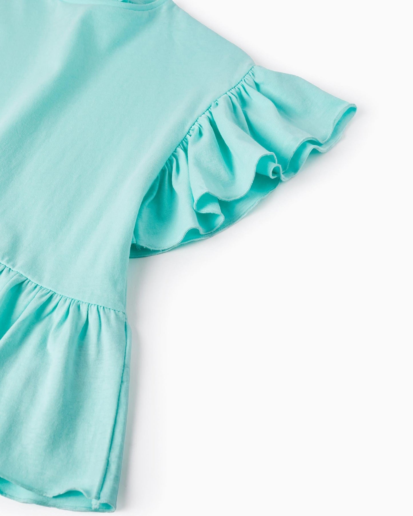 Cotton T-shirt with Ruffles for Girls, Aqua Green