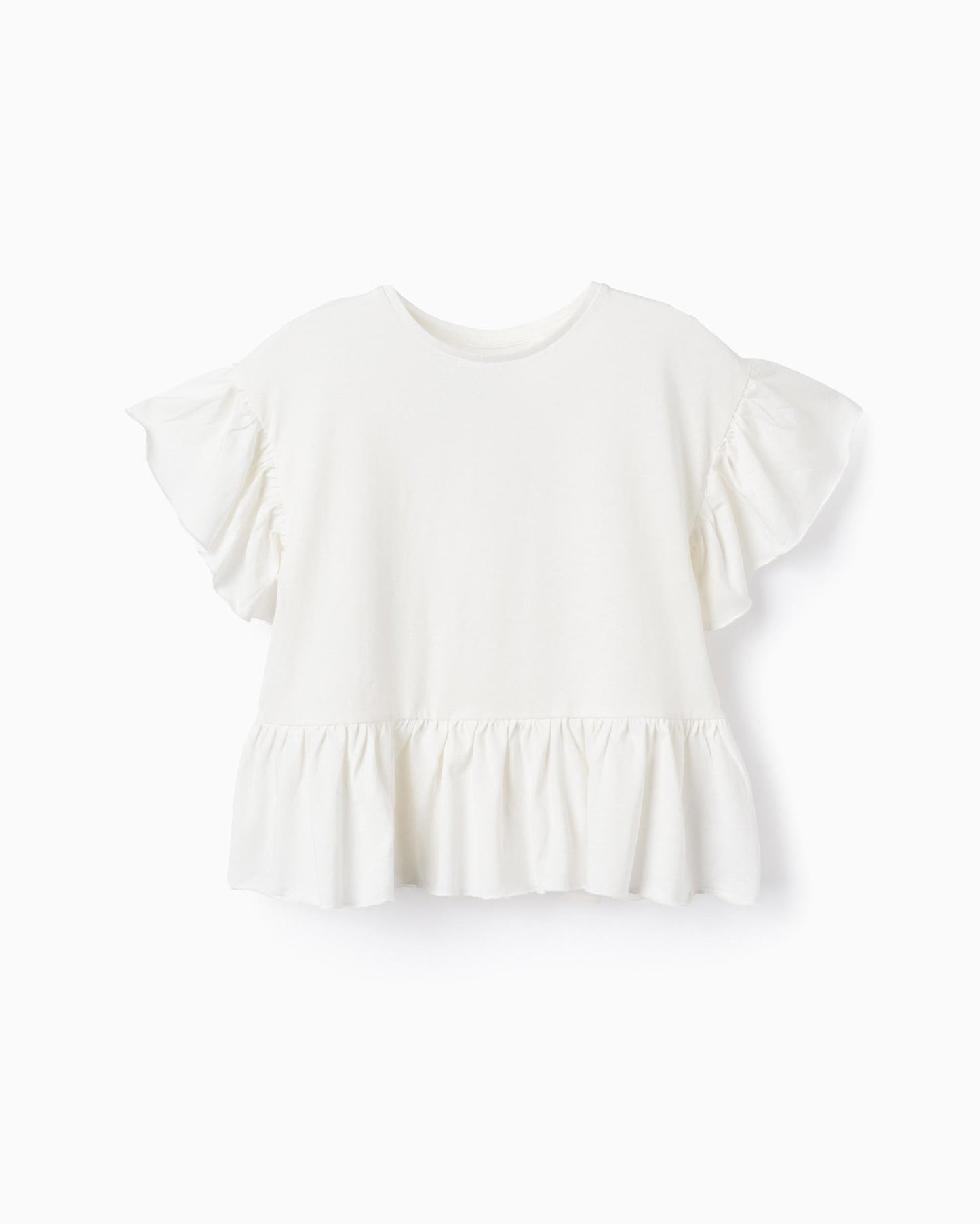 Cotton T-shirt with Ruffles for Girls, White