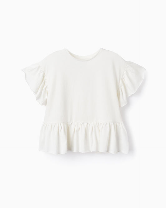 Cotton T-shirt with Ruffles for Girls, White