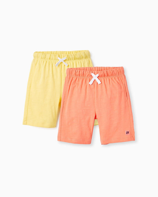 2 Cotton Jersey Shorts for Boys, Yellow/Coral