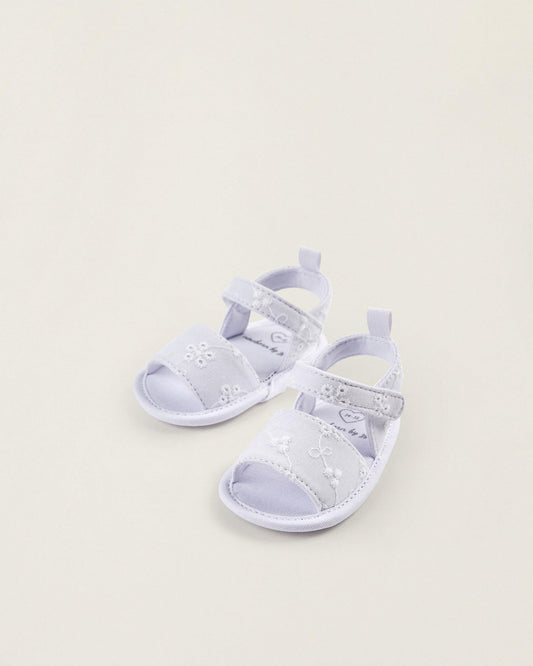 Sandals with Floral Embroidery for Newborn Girls, White