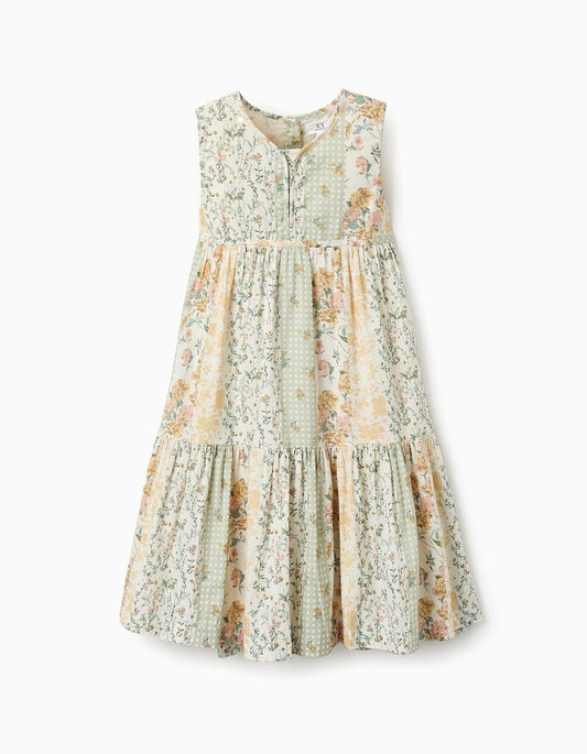 Floral Cotton Dress for Girls, Green/Beige/Pink