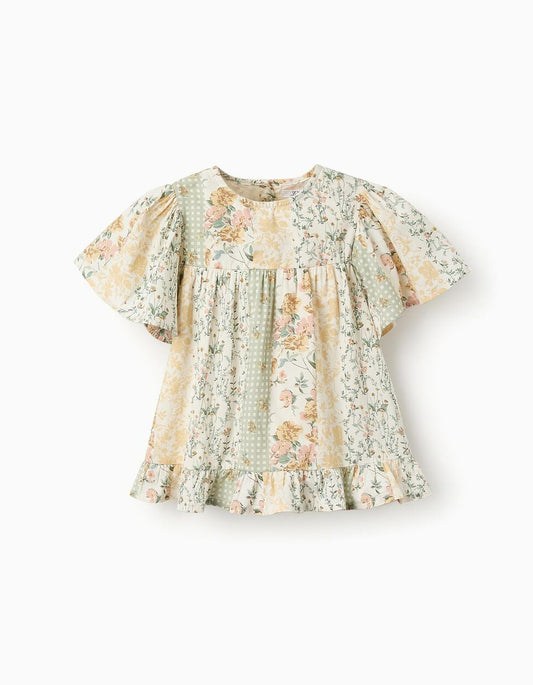 Floral Cotton Tunic for Girls, Green/Beige/Pink