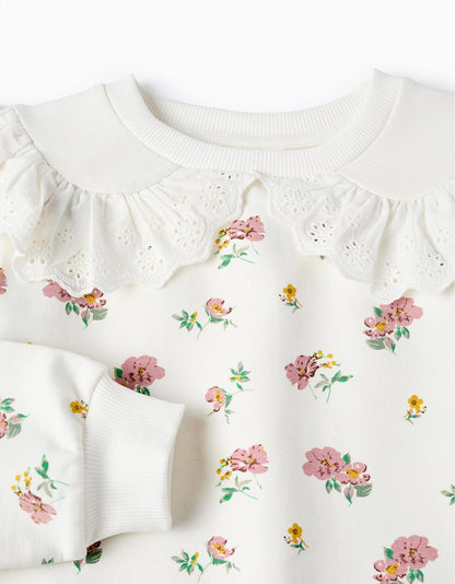 Floral Cotton Sweatshirt with Ruffles for Girls, White
