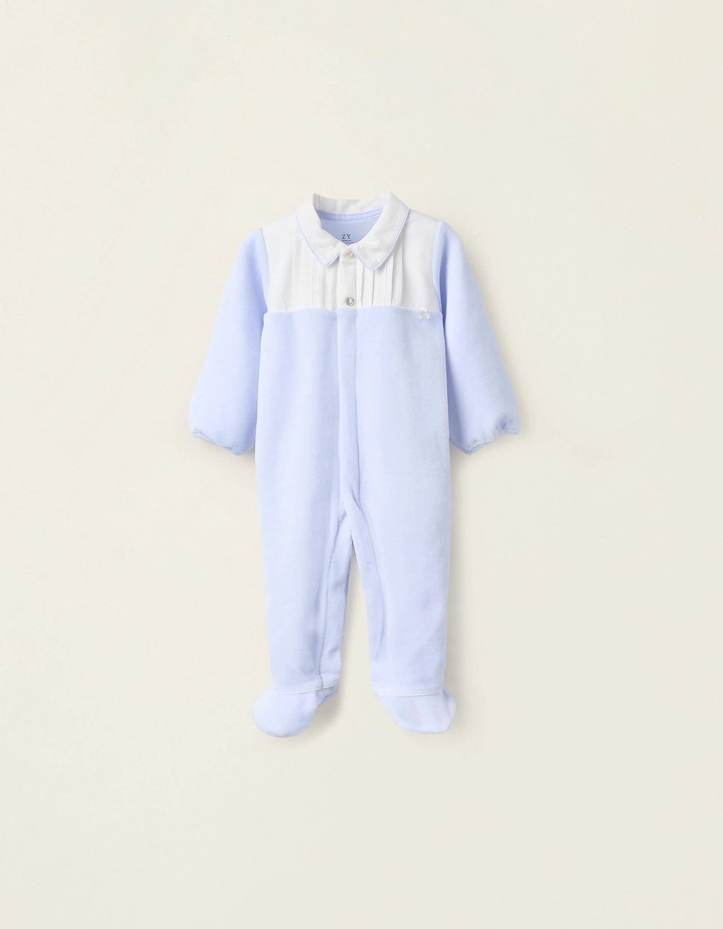 Velours Sleepsuit with Pleated Detail for Newborns, Blue