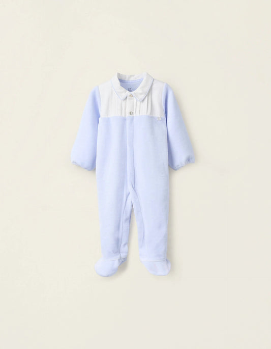 Velours Sleepsuit with Pleated Detail for Newborns, Blue
