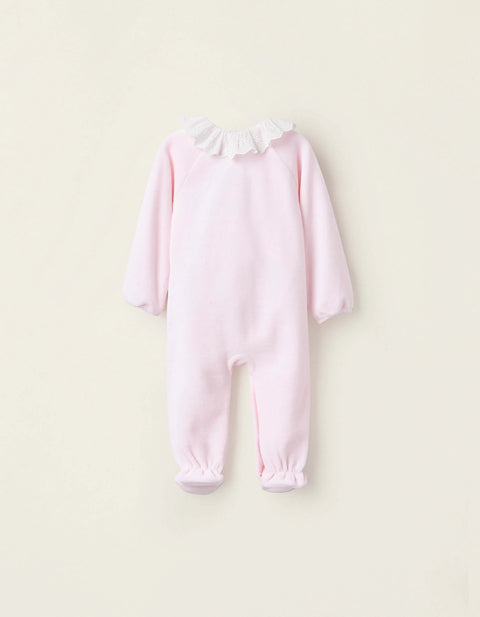 Velours Sleepsuit with Bow and Broderie Anglaise for Newborn Girls, Pink