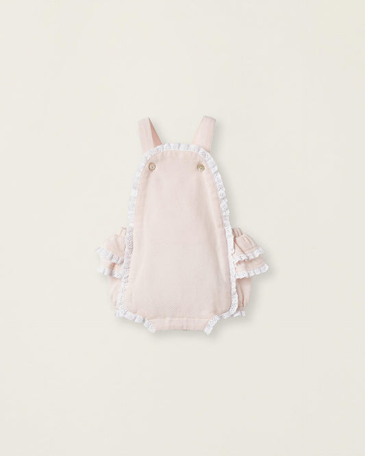 Jumpsuit in Piqué Cotton with Lace for Newborn Girls, Light Pink