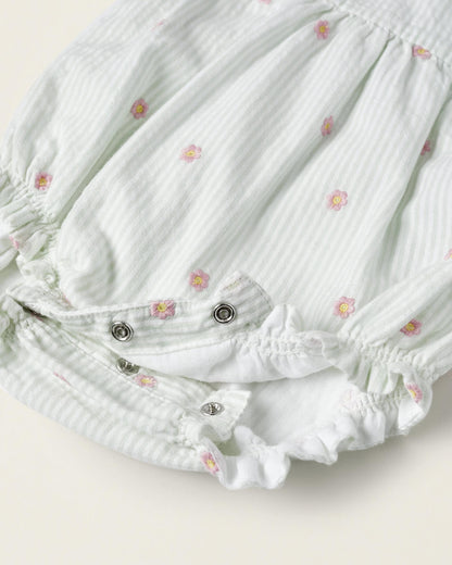 Cotton Jumpsuit with Ruffles for Newborn Girls 'Floral', White/Green
