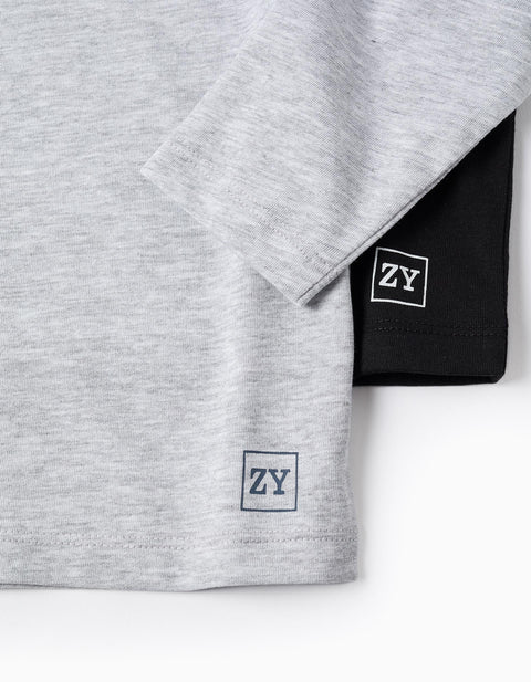 Pack of 2 Long Sleeve Cotton T-shirts for Kids, Grey/Black