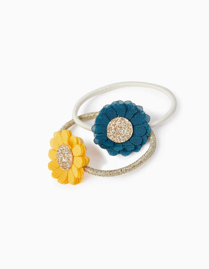 Pack of 2 Elastic Hairbands with Flowers and Glitter for Baby and Girl, Multicolour