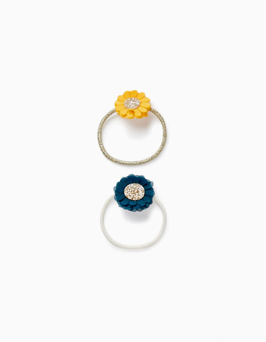 Pack of 2 Elastic Hairbands with Flowers and Glitter for Baby and Girl, Multicolour