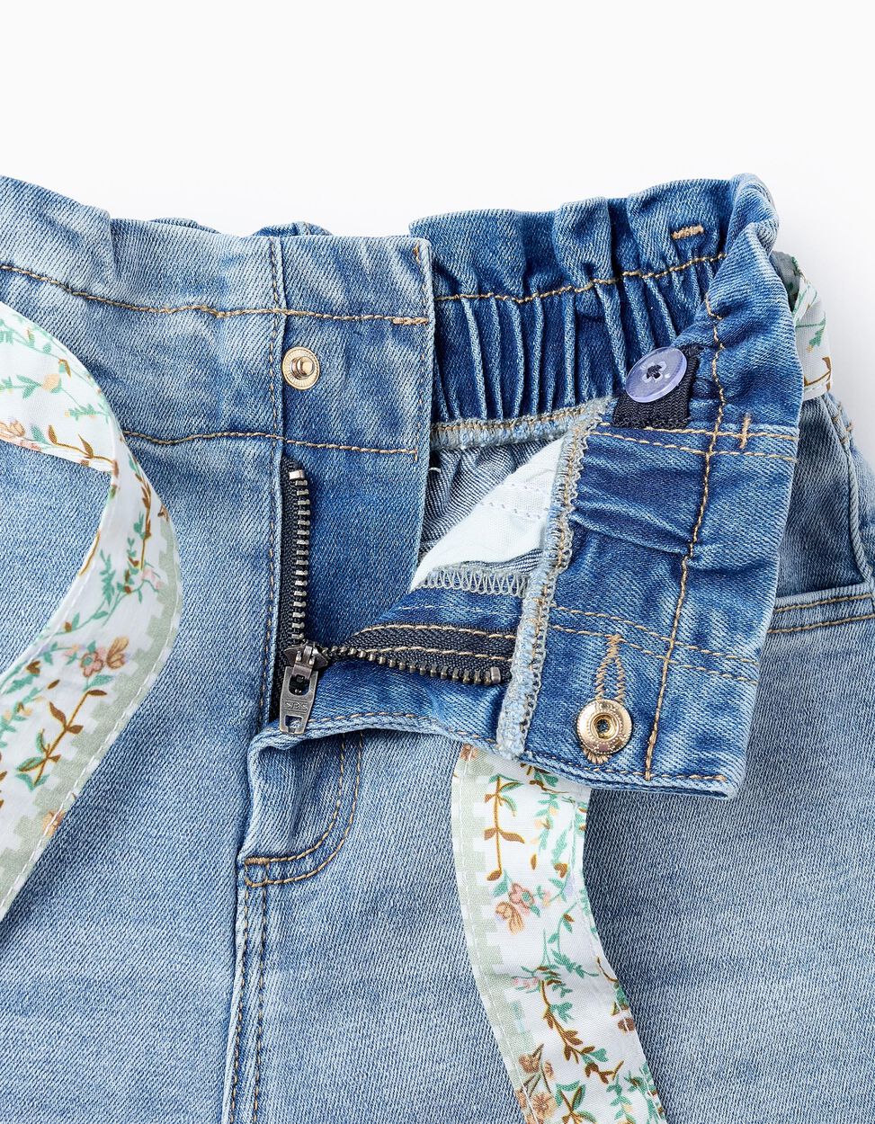 Denim Shorts with Floral Ribbon for Girls, Blue