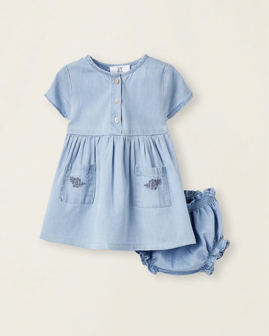 Denim Dress + Bloomers for Newborn Girls, Blue