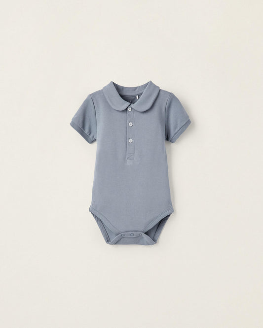 Short Sleeve Polo Bodysuit in Cotton for Newborn Boys, Blue