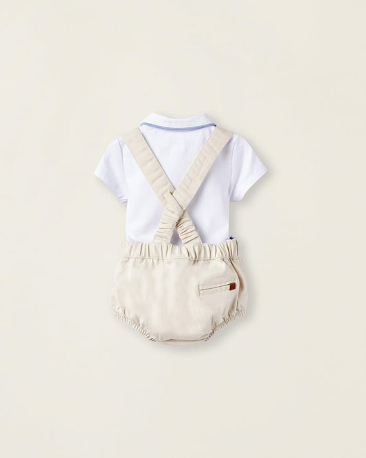 Bodysuit + Bloomers with Removable Straps for Newborn Boys, White/Beige