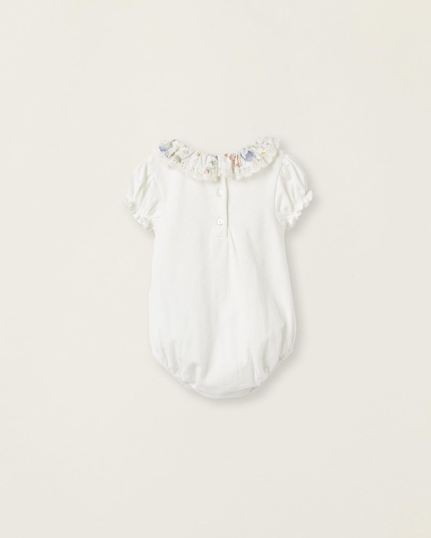 Cotton Bodysuit with Floral Collar for Newborn Girls, White