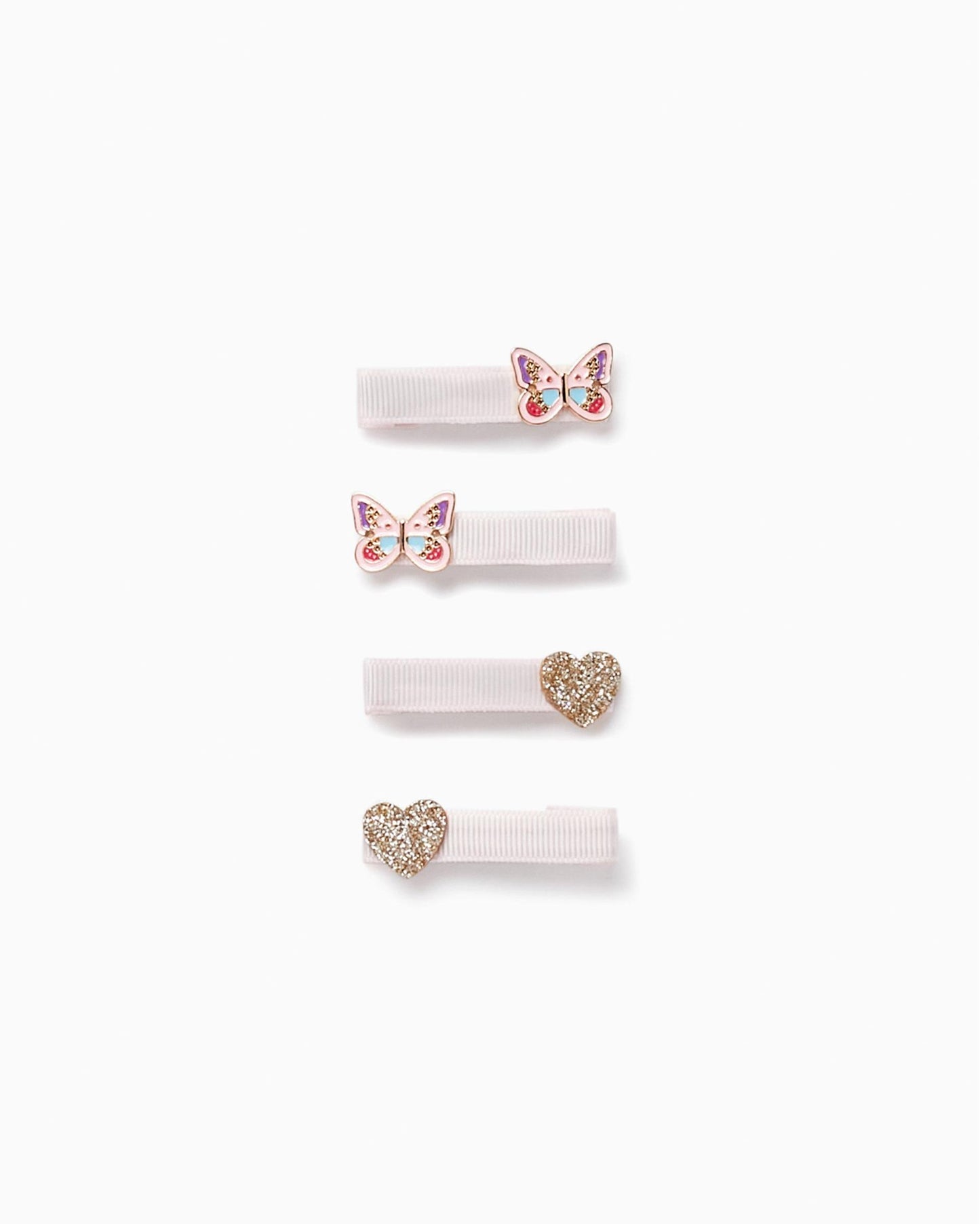 Pack of 4 Hair Clips with Butterflies and Hearts for Baby and Girl, Pink