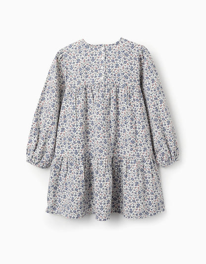 Floral Cotton Dress for Girls, White/Blue/Red