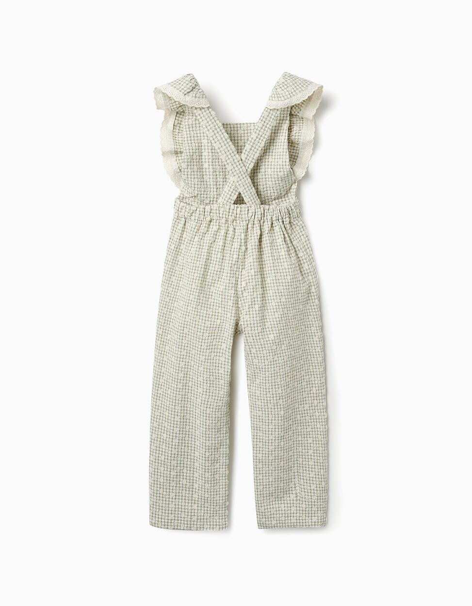 Gingham Jumpsuit with Embroidery for Girls, Green/White