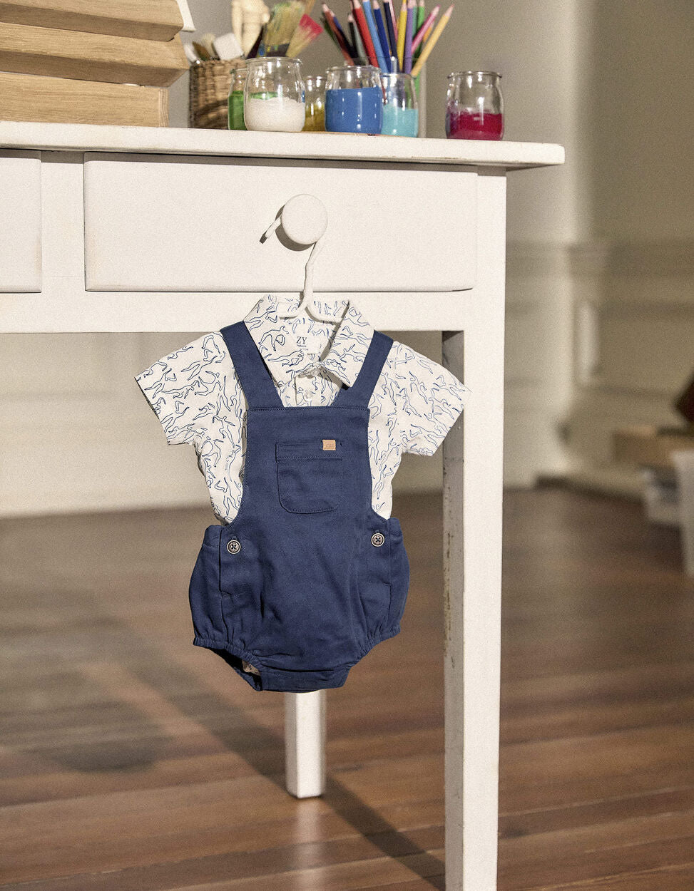 Cotton Twill Jumpsuit for Newborn Boys, Dark Blue