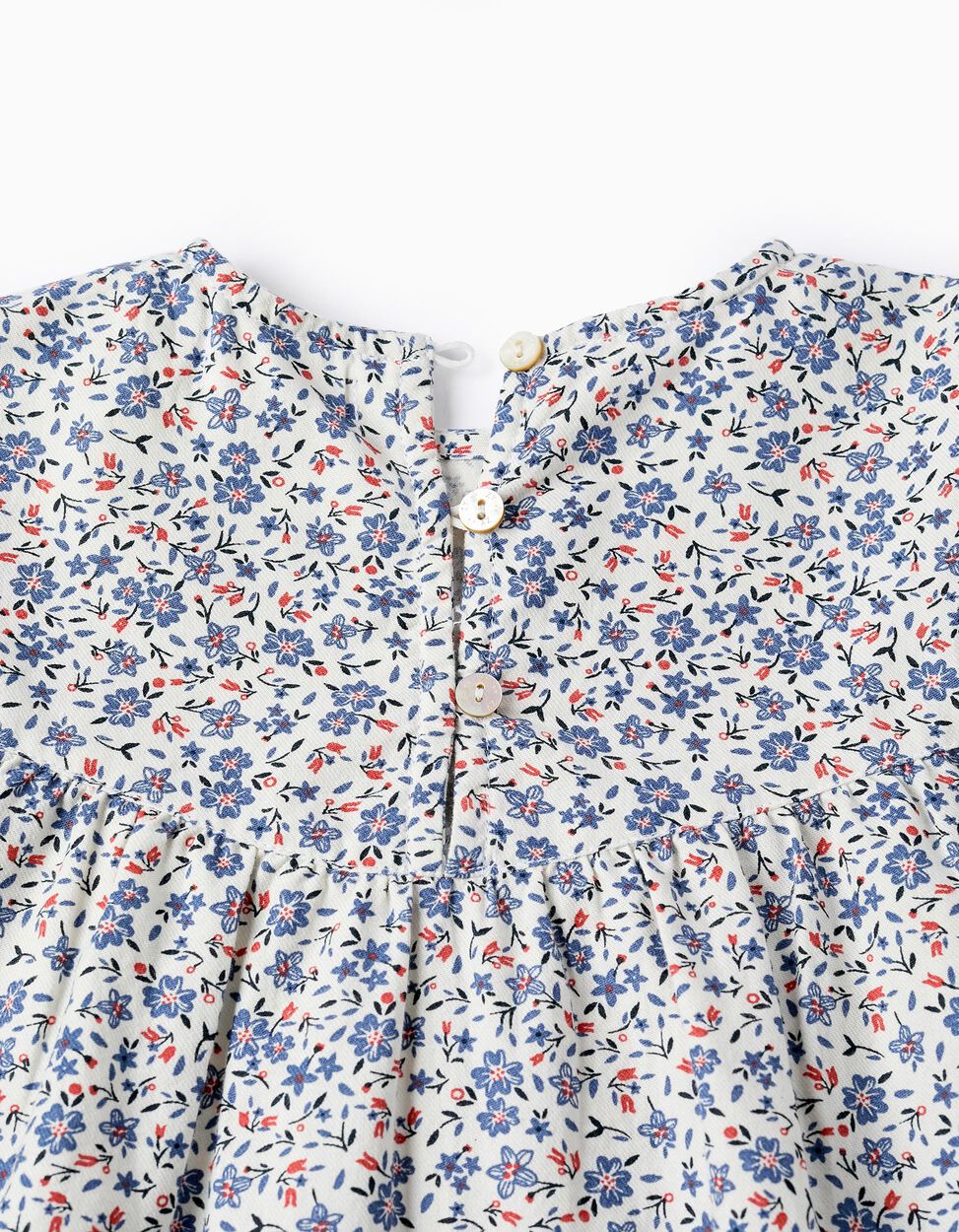 Floral Cotton Twill Blouse for Girls, White/Blue/Red