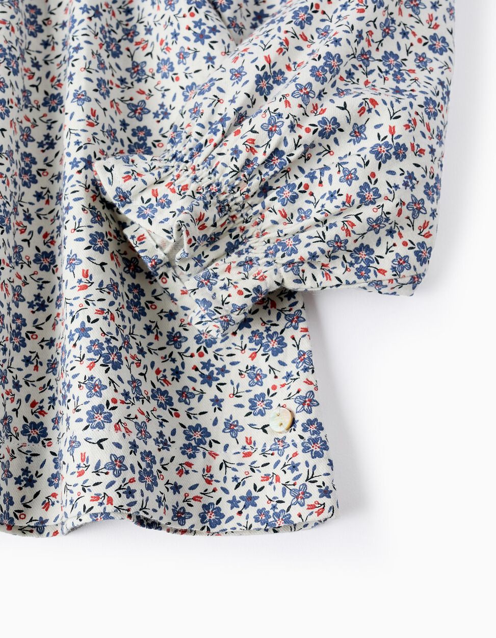 Floral Cotton Twill Blouse for Girls, White/Blue/Red